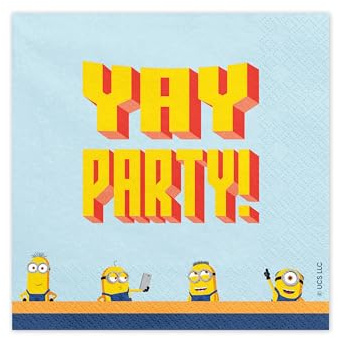 Servietten 33x33cm Minions 20 Stk. mit Yay Party Schriftzug - Papierservietten 2 - lagig - Partyservietten für Kindergeburtstag - Tischdeko Kinderparty Geburtstag - Blau Gelb Rot
