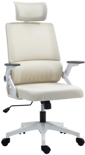 Vinsetto Bürostuhl Ergonomischer Schreibtischstuhl mit Armlehne Beige | Verstellbar Kopfstütze, Lendenwirbelstütze, Höhenverstellbarer Drehstuhl mit Wippfunktion, Netzbespannung, Computerstuhl