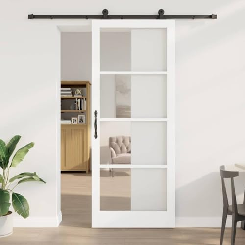 LoogCape Puerta corredera ORKDAL color blanco, 93 x 232 cm, puerta de entrada, puerta exterior, puerta de seguridad de madera maciza de pino y cristal, para interiores con riel deslizante silencioso