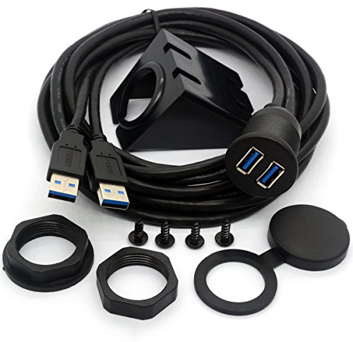 HTGuoji USB 3.0 Flush Mount Cable, Dual USB Flush Dash Panel Mount Cable Male to Female Extension Code for Car Truck Boat Motorcycle Dashboard (2 Meter)