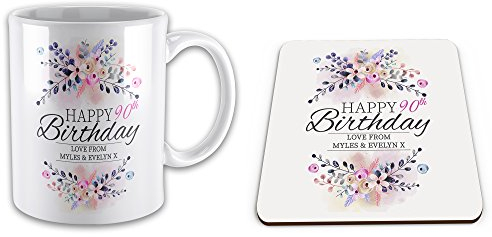Set of Personalised Floral Happy 90th Birthday Novelty Mug & Coaster