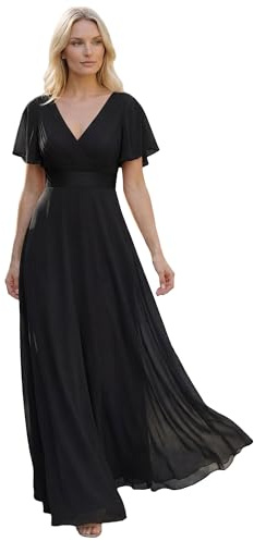 Ever-Pretty Damen Abendkleid Frau A-Linie Chiffon V Ausschnitt Hochzeit Bodenlang Schwarz 52