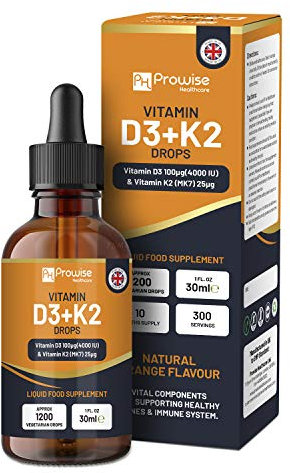 Vitamin D3 4000iu + K2 MK7 25µg I Orange Liquid Drops I High Strength 4000iu D3 + 25µg K2-30ml Bottle I Fast Absorption I 1200 Vegetarian Drops - Made in UK by Prowise Healthcare