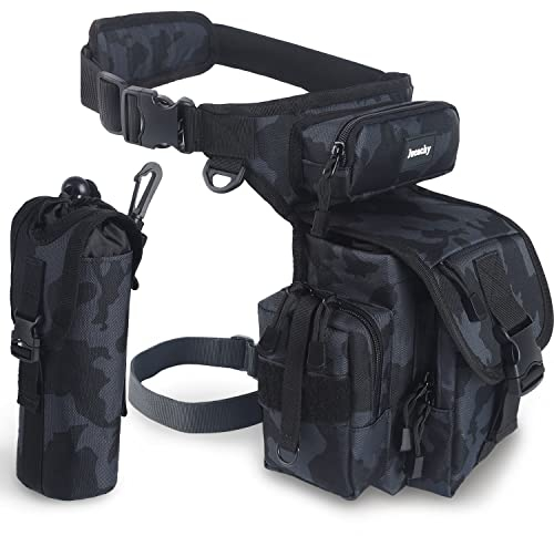 Drop Leg Bag for Men Tactical Metal Detecting Thigh Pack with Water Bottle Pouch (Black Camouflage)