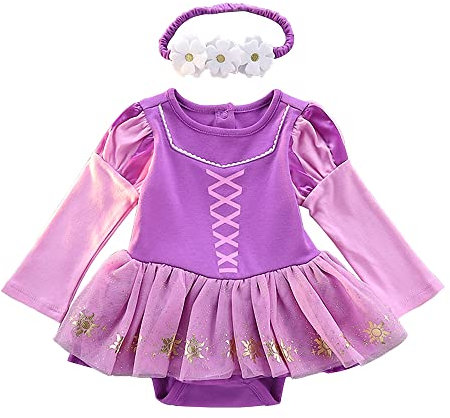 Lito Angels Vestito da Principessa Rapunzel Pagliaccetto per Neonata Bimba, Body Tutina Festa di Halloween e Compleanno, con Fascia, Taglia 6-9 Mesi