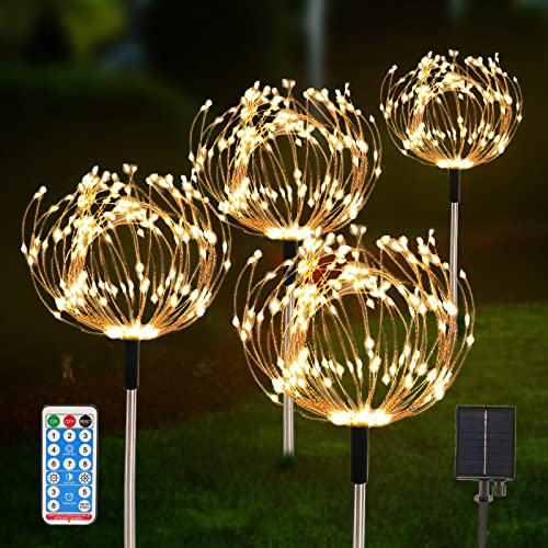 AcaJoe Solar Gartenleuchten für den Außenbereich 4er-Pack 480 LED Feuerwerk Landschaftspfad Solarbetriebene Starburst-Lichterkette wasserdicht 8 modi mit Fernbedienung für Weihnachtsfeier (Weiß)