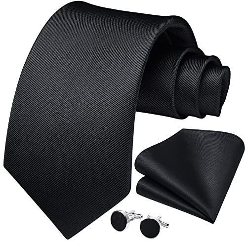 HISDERN Herren Hochzeit Schwarz Krawatten und Einstecktuch Solide Krawatte Manschettenknöpfe Set