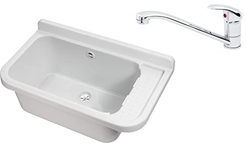 VBChome Ausgussbecken mit Armatur 50 x 34 cm Spülbecken Waschtrog mit Überlauf Waschbecken für Gewerbe Waschraum Garten inkl. Ablaufgranitur