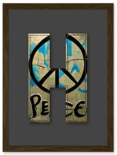 Wee Blue Coo Letter H Peace Sign Beige Black Decorative Graffiti Mural Alphabet Initial Stencil Artwork Framed Wall Art Print A4