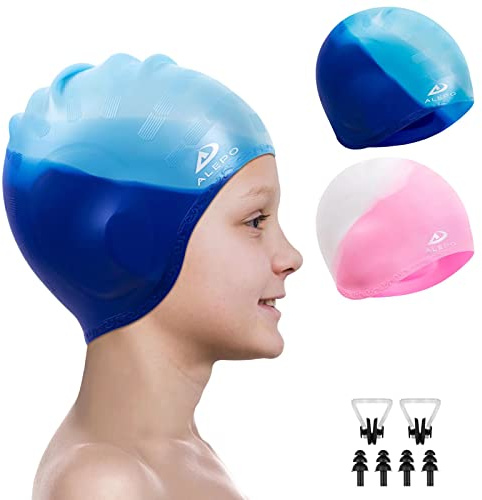 Alepo Confezione da 2 Cuffia da nuoto per bambini e bambine, in silicone durevole, con protezione per le orecchie 3D, per bambini piccoli, capelli lunghi di età compresa tra 3 e 15 anni, clip per il