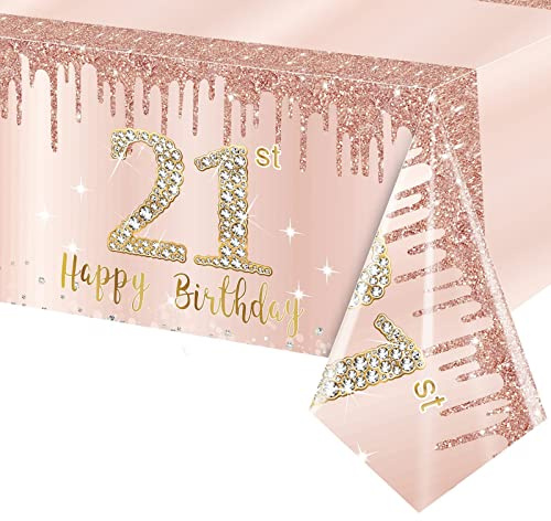 POPOYU Tischdecke 21. Geburtstag Roségold,137x274 cm Tischdecke 21 Geburtstag Frau Rosa,Deko 21. Geburtstag.Frauen, Einweg Tischdecken Geburtstagfür Frauen 21 GeburtstagParty Partyzubehör