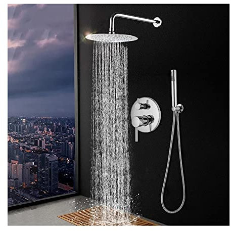 DERBUT Chrom-Regenduschsystem, Wandmontage, Hochdruck-Regendusche, Wasserhahn und Rundkopf-Kombi-Set, Handbrause inklusive, 30,5 cm