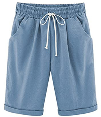 oglccg Womens Half Pants Plus Size Knee Length Cotton Linen Shorts with Pockets Summer Solid Beach Vacation Straight Leg Trousers Drawstring Elastic Waist Bermuda Casual Work Shorts, Light Blue