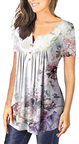 Azruma Glitzer Oberteile Damen Damen-Oberteile Partner Tshirt Oversize V-Ausschnitt Blumendruck Plissee Button Down Kurzarm Bluse Tank Top Damen (2-Light Purple, XL)