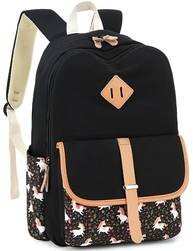 Leaper Canvas Schulrucksack für Mädchen Laptoptasche Reisetasche Büchertasche Daypack, Schwarzes Einhorn, Large, Rucksack Rucksäcke