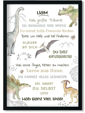 LALELU-Prints Geschenk Einschulung personalisiert I Affirmationsposter Poster Kinderzimmer I Schulanfang Schuleinführung Schulstart Schulkind I OHNE RAHMEN - Junge Mädchen (Dinosaurier)