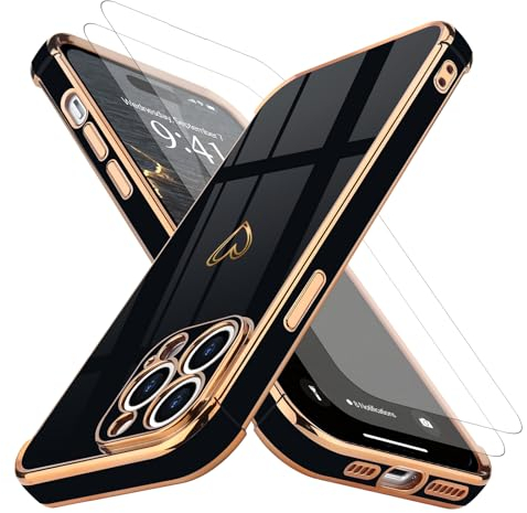 Lafunda 3 in 1 Hülle kompatibel mit iPhone 15 Pro Handyhülle mit 2 Stück Schutzfolie, [Militärischer Schutz] [Kameraschutz] Schutzhülle Mädchen Liebesherz Case für iPhone 15 Pro Schwarz