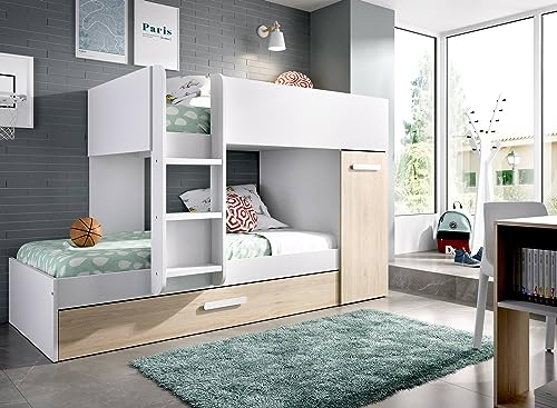 Dmora - Schlafzimmer Eiger, Komplettes Schlafzimmer, Etagenbettkomposition mit Zwei Einzelbetten, 244x112h150 cm, Eiche und Weiß