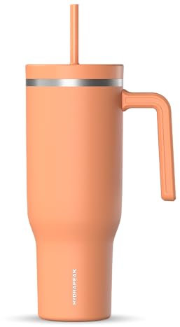 Hydrapeak Voyager 40 Oz Stainless Steel Tumbler with Handle, Insulated Water Bottle With Straw & Lid, Cupholder Friendly Reusable Travel Mug (Apricot Crush)