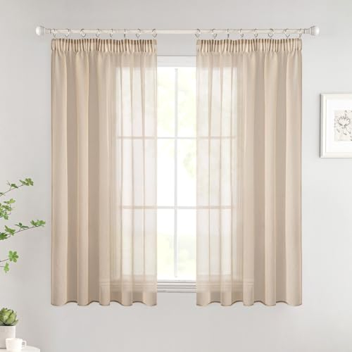 Woaboy Gardinen mit Kräuselband Kurz Fenster Voile Vorhänge Wohnzimmer Transparent Sheer Curtains Stores Gardine Schlafzimmer Modern Schlaufengardinen 2er Set 140x145cm (BxH) Beige