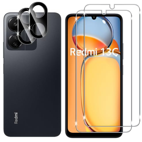 Lutree pour Xiaomi Redmi 13C 4G/POCO C65 Verre Trempé, 2+2 Pièces Protection écran+Caméra Arrière Protecteur Film (Noire), 9H Dureté HD Anti-Rayures Protecteurs d'écran pour Redmi 13 C 4G