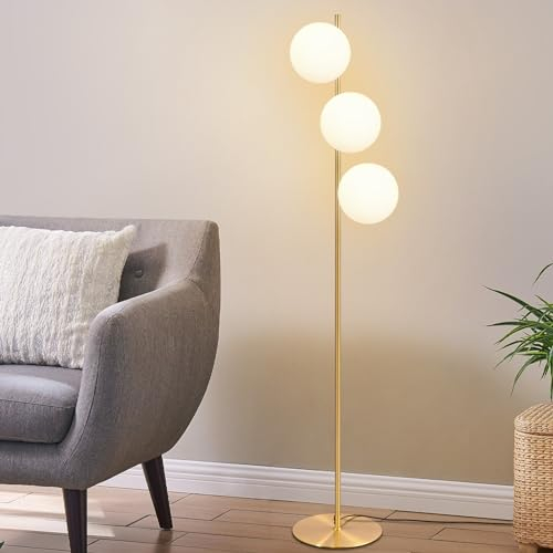 ZMH Stehlampe Wohnzimmer Modern Standleuchte - Gold Industrial Stehleuchte 3 Flammig mit Fußschalter Metall Design aus Weiß Glas Standlampe E27 Vintage Bodenlampe für Schlafzimmer Büro kinderzimmer