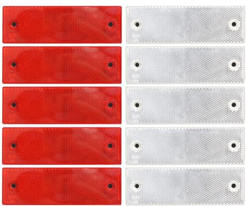 10 Pcs Self Adhesive Trailer Rectangular Reflectors Car Rear Reflectors, for Gate Posts Trailer Motorcycle Caravan Truck, White and Red, with Holes