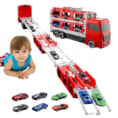 Bearbao Toddler Boy Toys for 2 3 4 5 6 Years Old Boys, 65 Inches Race Track for Boys Kids Die-Cast Transport Truck Car Toys, Toddler Car Toys Set for Kids Boy Girls