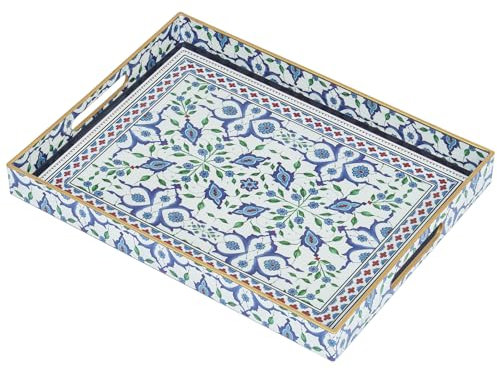 Serving Tray, Boho Plastic Food Trays for Eating on Lap Decorative Coffee Tray with Handles Rectangular Non-slip Candle Plate, 40x30x4 cm Large Drinks Platter for Kitchen/Living Room/Bedroom/Party