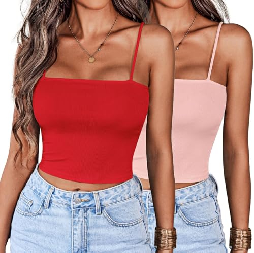 Ekouaer Pack de 2 Camisetas Sin Mangas para Mujer Top Corto Sexy de Verano Camisola Básica Tank Top Corto Informal de Espagueti Y2k Marrón Rojo + Rosa S