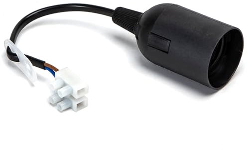 Portalámpara E27 de plástico negro con regleta de bornes, ideal para instalaciones eléctricas y montaje de focos decorativos.