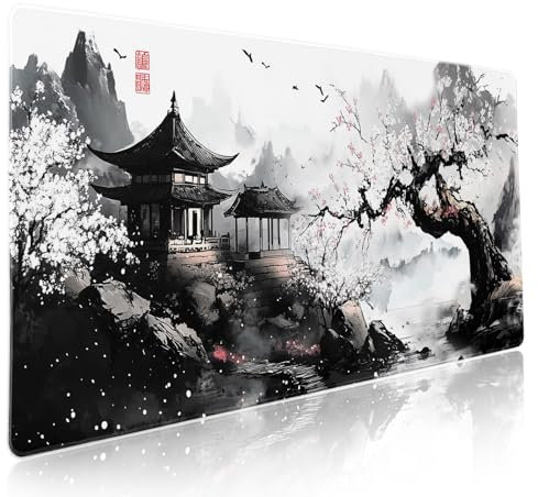 Black Whtie Japanese Gaming Mouse Pad XXL Anime Sakura Cherry Blossom Tree Extended Large Mat Mousepad Desk Pad Non-Slip Rubber Base Stitched Edge Keyboard Pad Playmat for Computer,35.4×15.7 Inch
