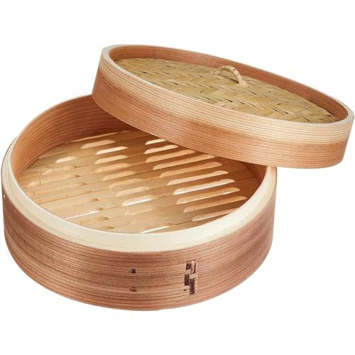 CHEFZOCO Cesta de Vapor de Bambú para Cocinar Asiático, Steamer de bambú, Canasta para vapor, Vaporera de bambú, Dim sum basket, Diámetro 20 cm, Altura 8.9 cm, 1 nivel, 350 gramos
