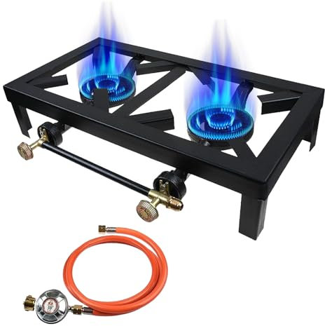 Estufa De Gas De Hierro Fundido, Estufa De Gas PortáTil Para Uso Al Aire Libre, Estufa De Gas De 2 Quemadores, Estufa De Gas Doble Con Dos Quemadores Con Manguera Reguladora Ajustable De 0-10 Psi