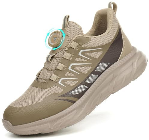 BAXIWUY Sicherheitsschuhe Herren Arbeitsschuhe Damen Sportliche Leicht Atmungsaktiv Schnürsenkel Schnellverschluss Drehverschluss Stahlkappenschuhe Khaki, 41 EU