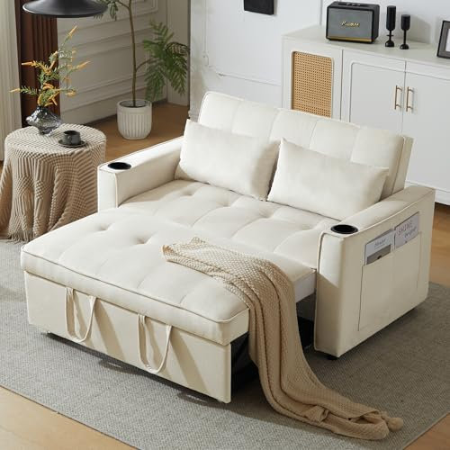 A ALFRESCOOL Schlafsofa 2 Sitzer Sofa mit Schlaffunktion, Klappbares 3-in-1 Schlafcouch mit Verstellbarer Rückenlehne, Getränkehalter und Kissen, Beige 137 x 76.5 x 83 cm