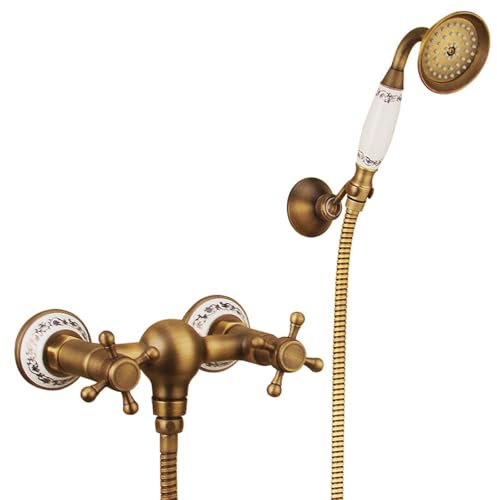 DECAKE Bath Taps Vintage with Shower Head, Bath Shower Mixer Tap Wall Mounted Dual Lever Hot and Cold Antique