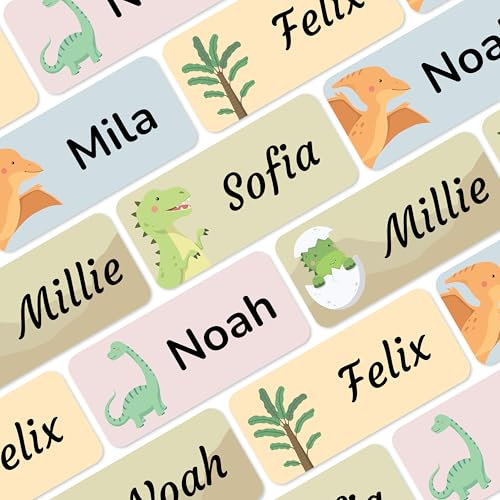 Namensaufkleber für Kinder (120 Stück) - Wasserfeste Namensschilder für Kleidung und Gegenstände, Personalisierte Textiletiketten selbstklebend für Kita & Schule - Dinosaurier