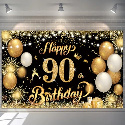 Happy 90th Birthday Banner Gold 1.1 x 1.8m Happy Birthday Banner Backdrop 90th birthday decorations for Women Men, 90 Years Old Anniversary Party Supplies (Black Gold)