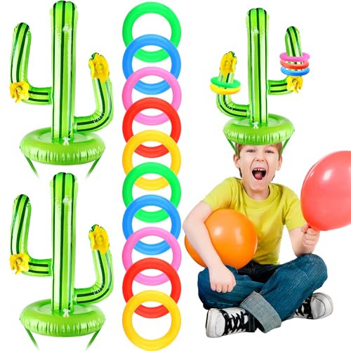 3 Set Inflatable Cactus Ring Toss Game Includes 3 Cactus and 15 Rings Floating Pool Ring Toss for Kids Adults Summer Beach Pool Hawaiian Party Decor Mexican Luau Fiesta Party Games