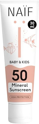 Naïf Crema solare a base minerale - per neonati e bambini - SPF 50 - Crema senza octocrylene - Protezione UVA e UVB - Resistente all'acqua - Dermatologicamente testato - Senza microplastica - 30 ML