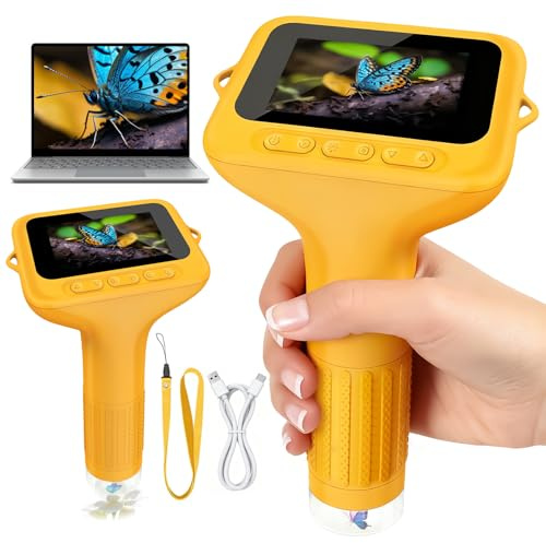 ZQEJEFD Microscope Numérique pour Enfants, 1000X Mini Microscope Portable avec Écran IPS 2,0 et 8 LED, Microscopes de Poche USB Type-C Compatible PC, Jouet Scientifique dès 3 Ans – Jaune