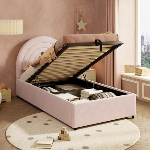 Miyemo Single Bed Frame with Storage, 3ft Upholstered Ottoman Bed with Headboard & Hydraulic, Velvet Storage Bed for Adults & Teenagers, 90x190cm, Pink, (No Mattress)