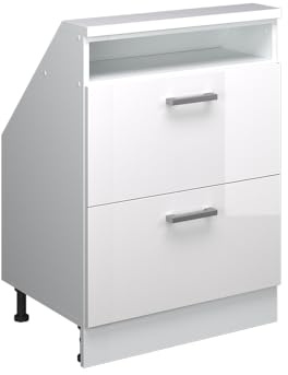 Vicco Küchenschrank für Dachschrägen R-Line, Weiß Hochglanz, 60 cm | 2 Schubladen · Tiefe 46 cm · Höhenverstellbare Füße · ✓ Leichter Zugriff · ✓ Frei kombinierbar