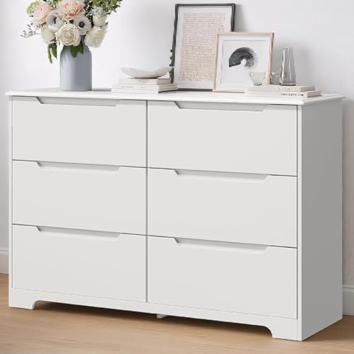 Blishom Kommode Weiß, 6 Schubladen Schlafzimmerschrank, Sideboard mit Großer Kapazität, für Schlafzimmer Wohnzimmer Flur, 120x40x80cm