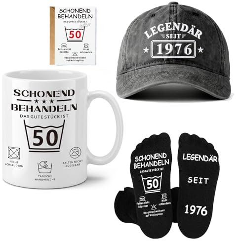 Gratitopia Geschenke 50 Geburtstag Mann Set - Lustiges Geschenkset mit Vintage Cap 1976, Witziger Tasse Weiß, Anti-Rutsch Socken & Karte - Originelle Männer Geschenkideen Box(Weiß)