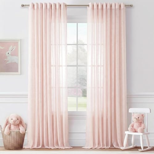 Rosa Gardinen Kinderzimmer Mädchen Voile Transparent H245 x B140 cm mit Ösen Leinen Vorhäng Durchsichtig für Wohnzimmer Modern Schlafzimmer Lichtdurchlaessig Tüll Sheer Curtains Boho Landhaus 2PC