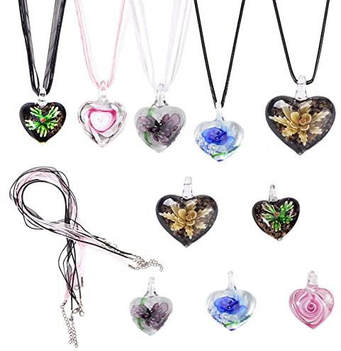 SUNNYCLUE DIY 5 Piezas de Colores Surtidos Murano Lampwork Collar Colgante de Cristal, 18 y 19 Cinta de Organza con Broche de Collar de cordón Encerado