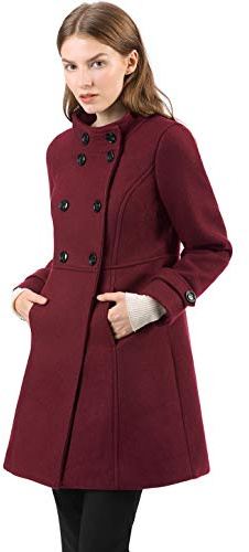 Allegra K Women's Stand Collar Double Breasted Slant Pockets Outwear Winter Coat Burgundy S
