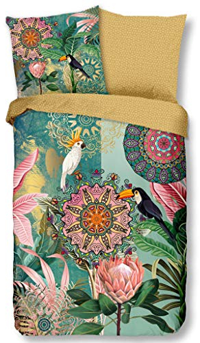 HIP Satin Wende-Bettwäsche Sofiya 6693 Reine Baumwolle Dschungelfieber Mandalas Ornamente treffen Kakadu und Tucan Bettwäsche-Set zum Kuscheln 200 cm x 200 cm grün